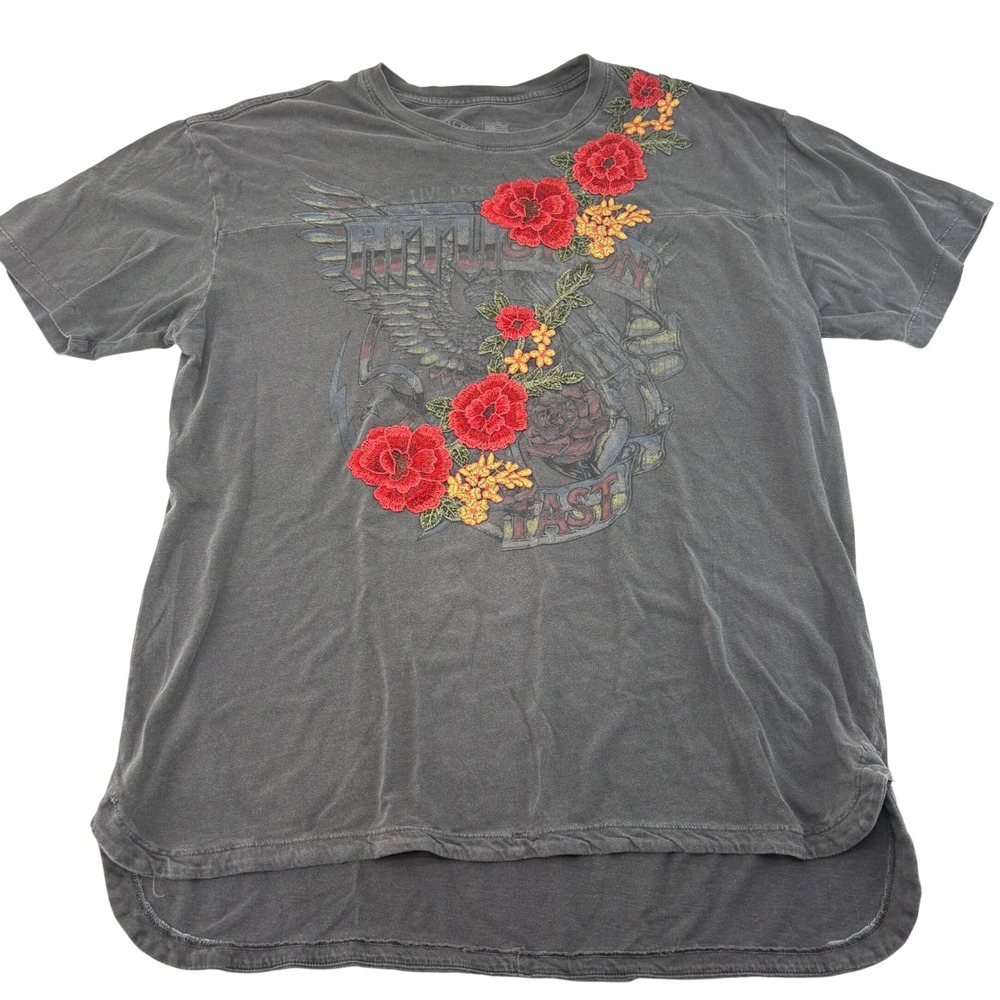 Affliction Live Fast Floral Embroidered Graphic T-Shirt Grey Large High Low Hem
